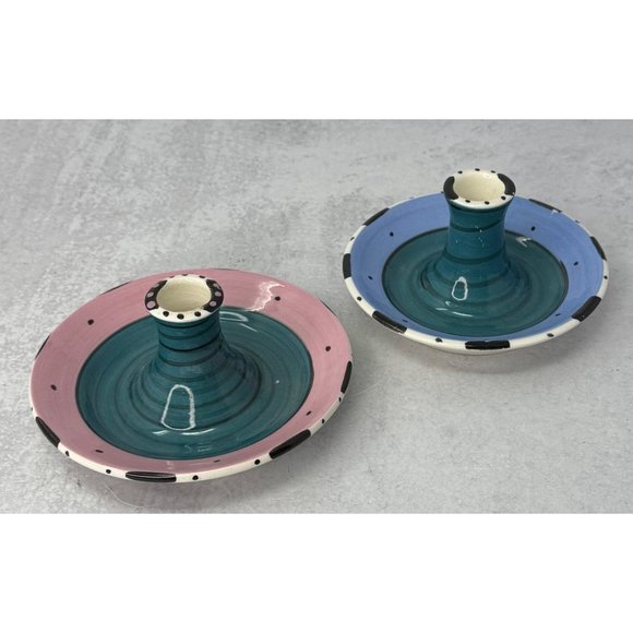 Pair Vintage Studio Pottery Candlestick Holders MacKenzie-Childs Style Pastel - Picture 2 of 5